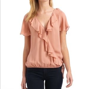 Joie Blue Ulani matte silk Ruffle Drawstrng Blouse